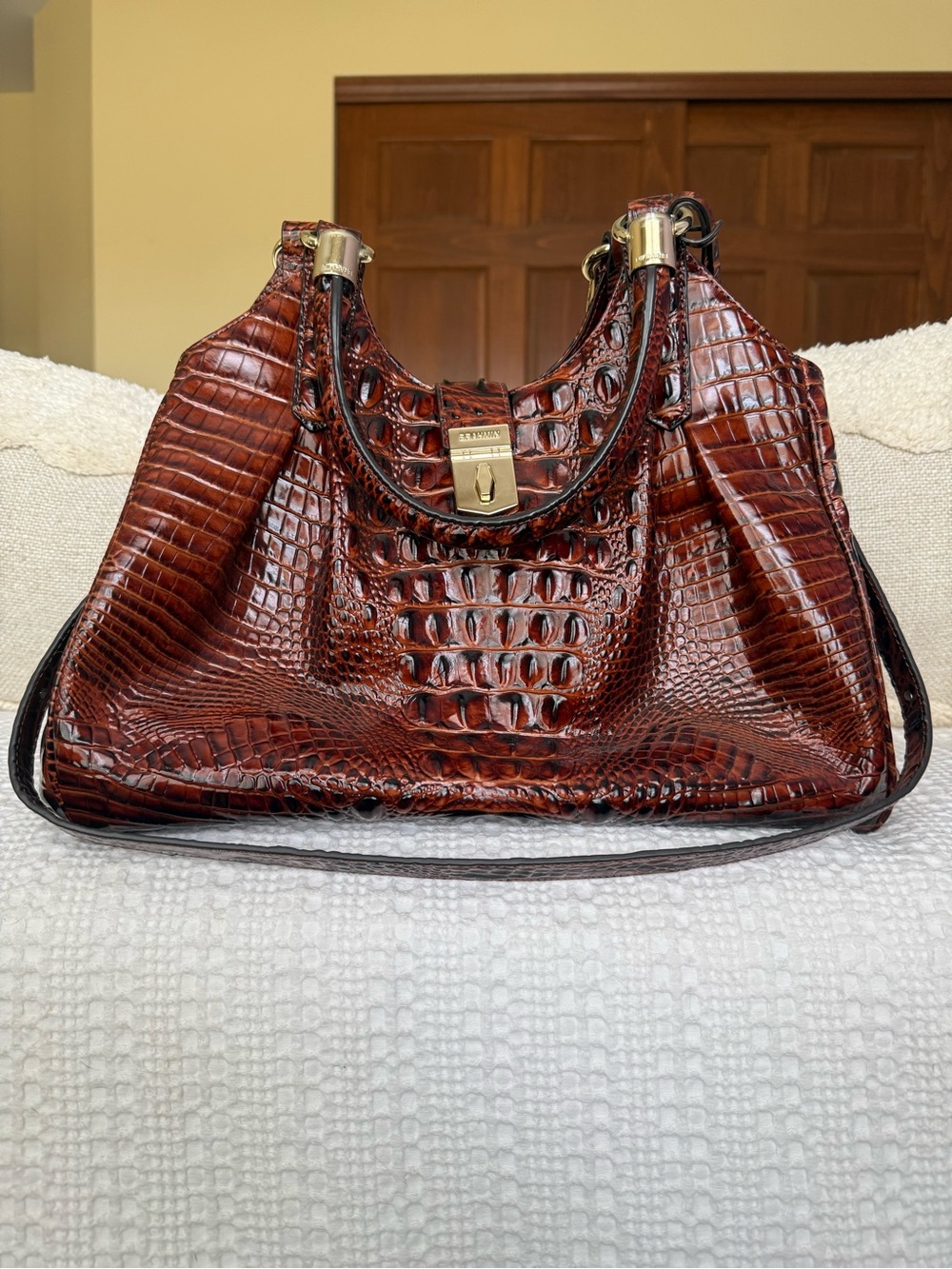 Brahmin Mahogany Croc-Embossed Shoulder Bag with Gold Hardware